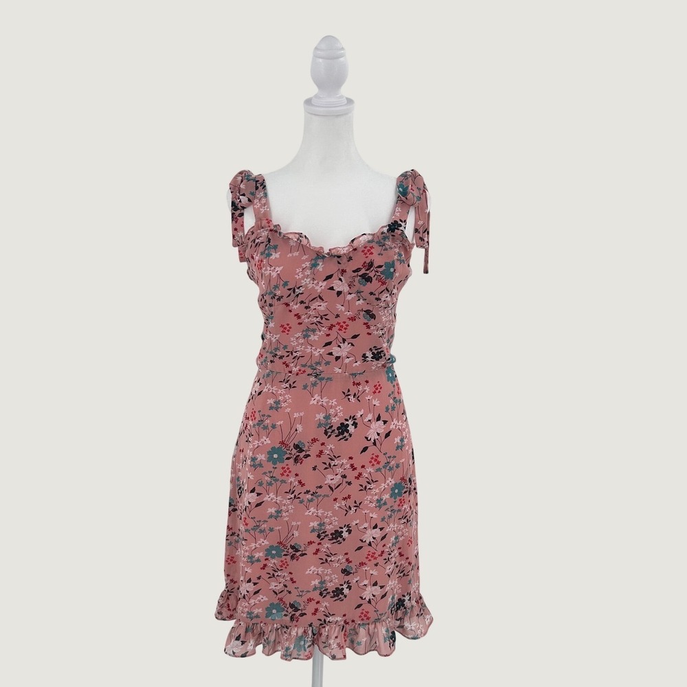 Lea & Viola Floral Tie Strap Ruffle Mini Dress Pink Blue Large Coquette Floral